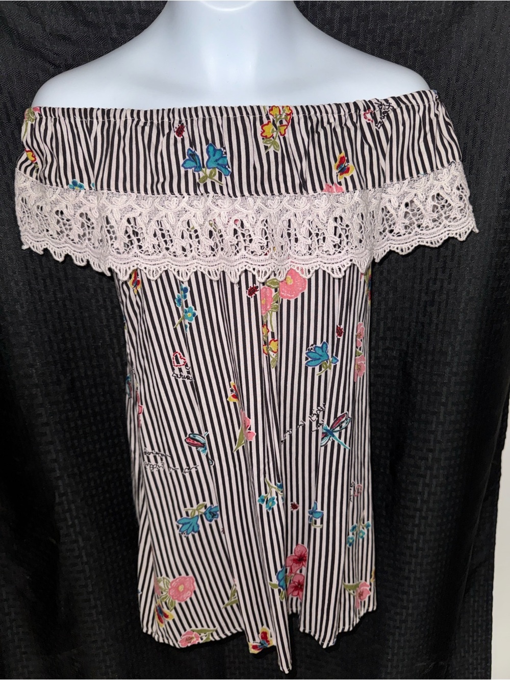 Off-Shoulder Black & White Stripe Floral Lace-Trim Top
